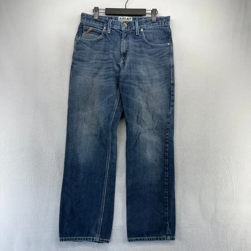 Ariat Jeans Men's 30x32 Blue Relaxed Bootcut M4 Denim Whisker Faded Workwear - Picture 1 of 11